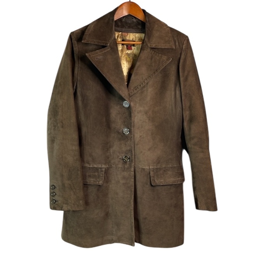 Vintage 90s Genuine Suede Leather Jacket Dark Brown Long Line Removable Lining M
